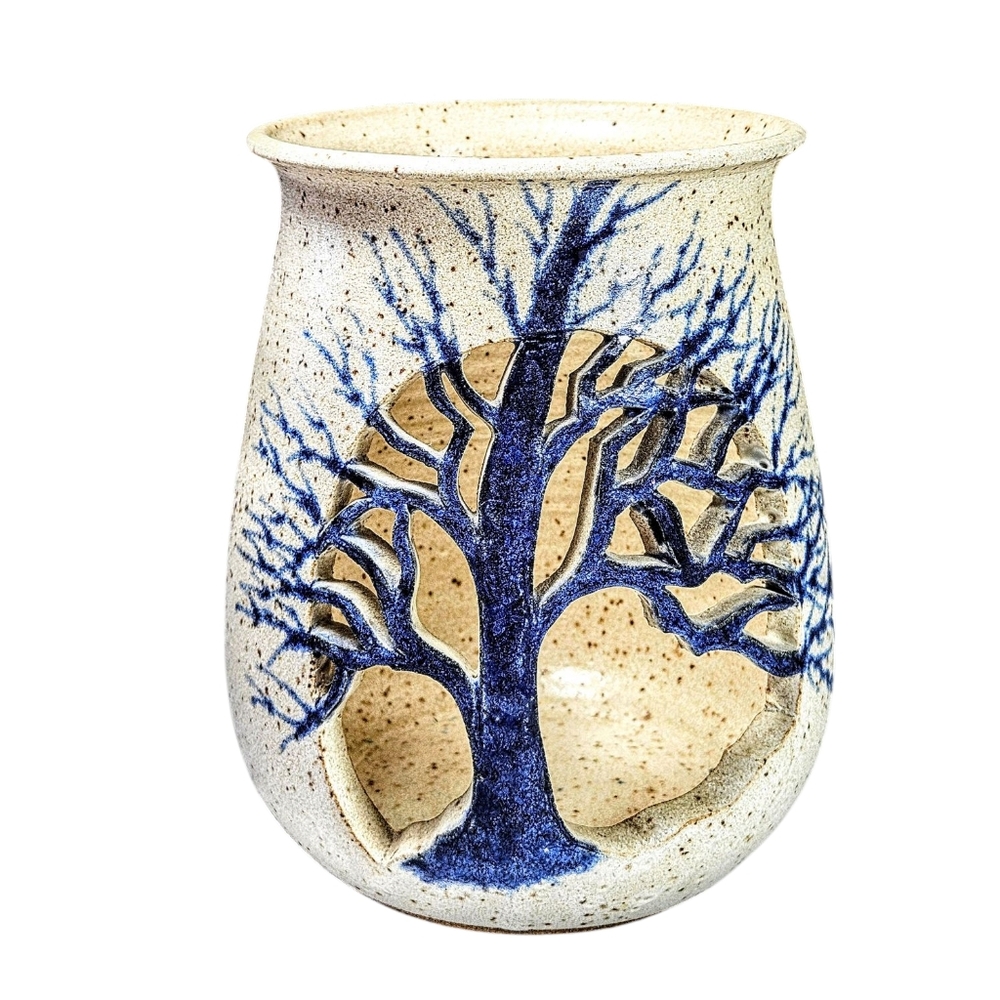 Vintage Tree Of Life Sanata Speckled Glaze Pottery Large Votive Candle Holder